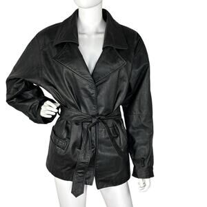 Vtg 90s Preston & York Women’s Leather Jacket Belted Waist Black Size S
